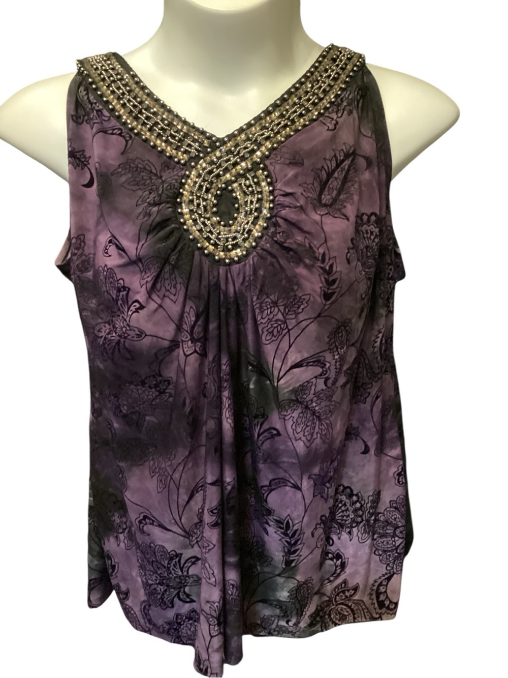 Fashion Bug Plus Size XXL Purple and Black Beaded V-Neck Floral Camisole Stretch - Picture 4 of 10